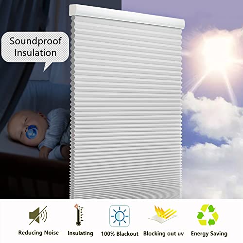 MaKefeile Blackout Cordless Cellular Shades 44" W x 64" H Honeycomb Pleated Shade Insulation Room Darkening Blinds for Home Bedroom Living Room Windows Easy to Install White