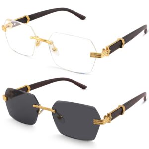 hycredi rimless rectangle sunglasses men women retro frameless square shade y2k sun glasses tinted eyewear-gold/clear+gold/gray