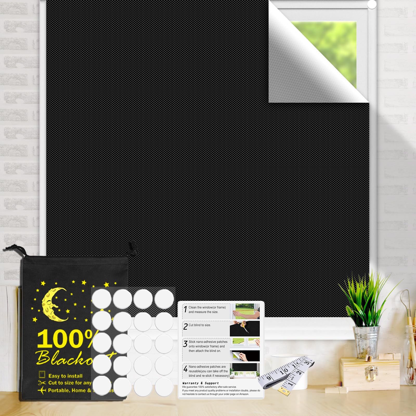 Black Out Blinds for Window 100% Blackout Fabric 118"x57" Portable Blackout Shades Temporary Sun Blocking for Window Quick Use with Nano Stickers for Home & Travel Rollable Washable Reusable