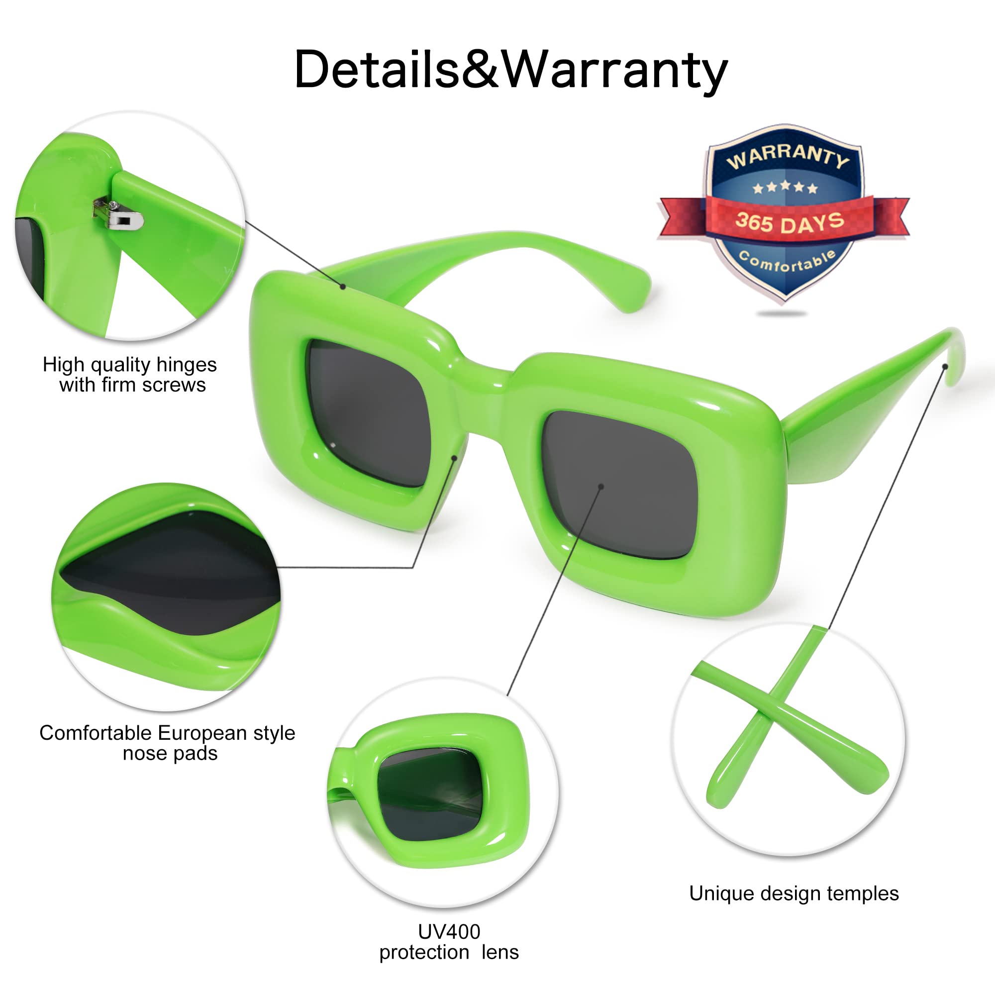 VANLINKER Cute Square Inflated Sunglasses for Women Men Trendy Chunky Glasses Retro Thick Frame Funny Mask Shades VL9733 Light Green