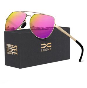 luenx women aviator sunglasses polarized shades flexible spring hinge - rose red mirror lens rose gold metal frame 60mm