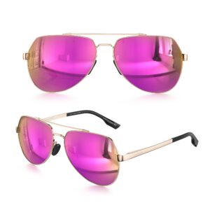 LUENX Women Aviator Sunglasses Polarized Shades Flexible Spring Hinge - Rose red Mirror Lens Rose Gold Metal Frame 60mm