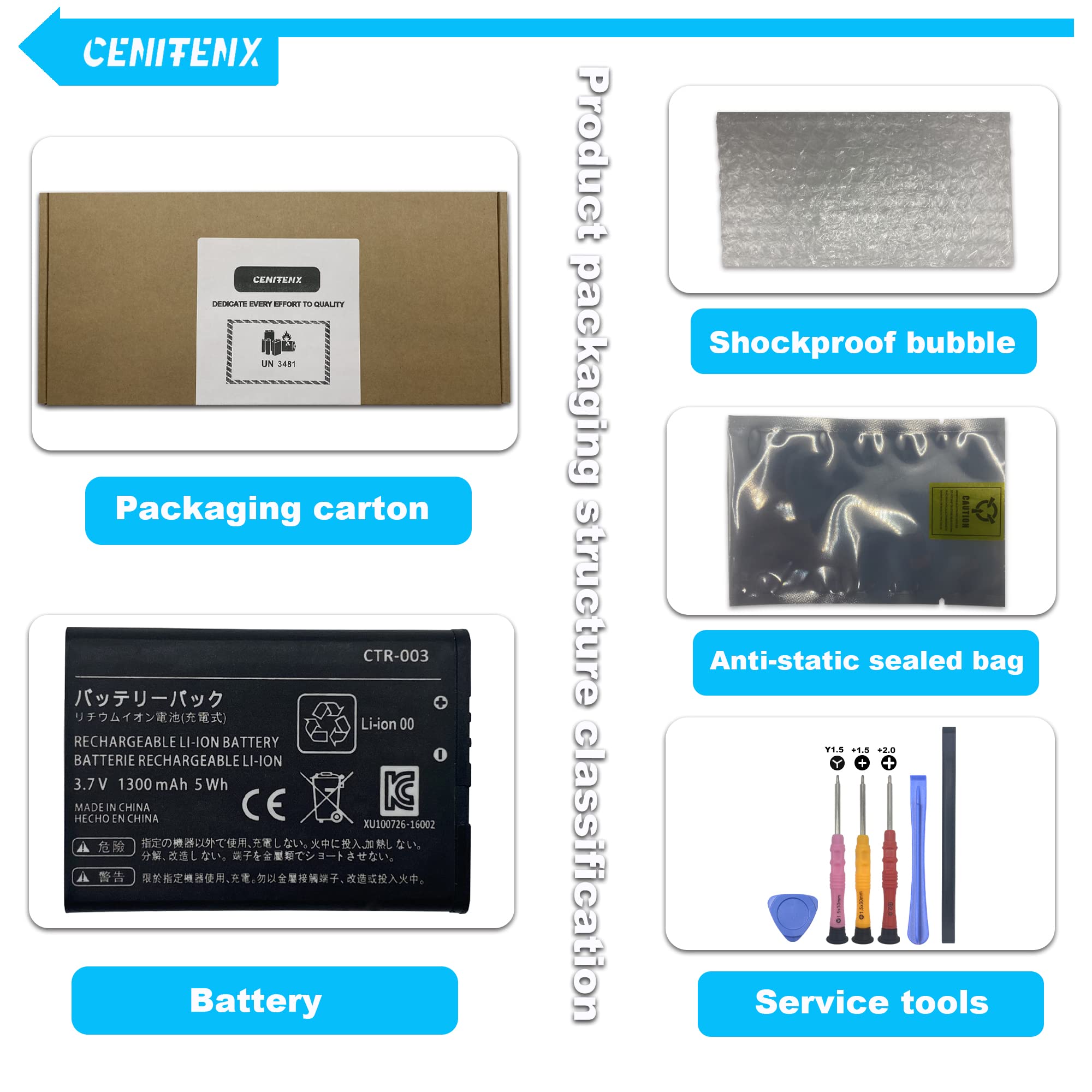 CENIFENX 3DS Battery, CTR-003 3.7V 1300mAh Replacement for Nintendo 3DS 2DS New 2DSXL Game Player Battery, with Repair Tool Kit (Not for Nintendo New 3DS)