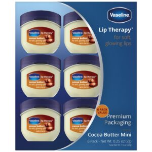 Vaseline Lip Therapy Cocoa Butter Mini, White Petrolatum, Advanced Moisturizer, Relieves Dull and Dry Skin, Mini Vaseline Petroleum Jelly, Soft & Smooth Vaseline Lips (Pack of 6-0.25 Oz Ea)