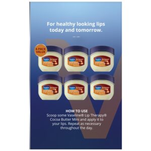 Vaseline Lip Therapy Cocoa Butter Mini, White Petrolatum, Advanced Moisturizer, Relieves Dull and Dry Skin, Mini Vaseline Petroleum Jelly, Soft & Smooth Vaseline Lips (Pack of 6-0.25 Oz Ea)