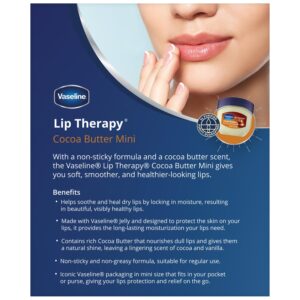 Vaseline Lip Therapy Cocoa Butter Mini, White Petrolatum, Advanced Moisturizer, Relieves Dull and Dry Skin, Mini Vaseline Petroleum Jelly, Soft & Smooth Vaseline Lips (Pack of 6-0.25 Oz Ea)