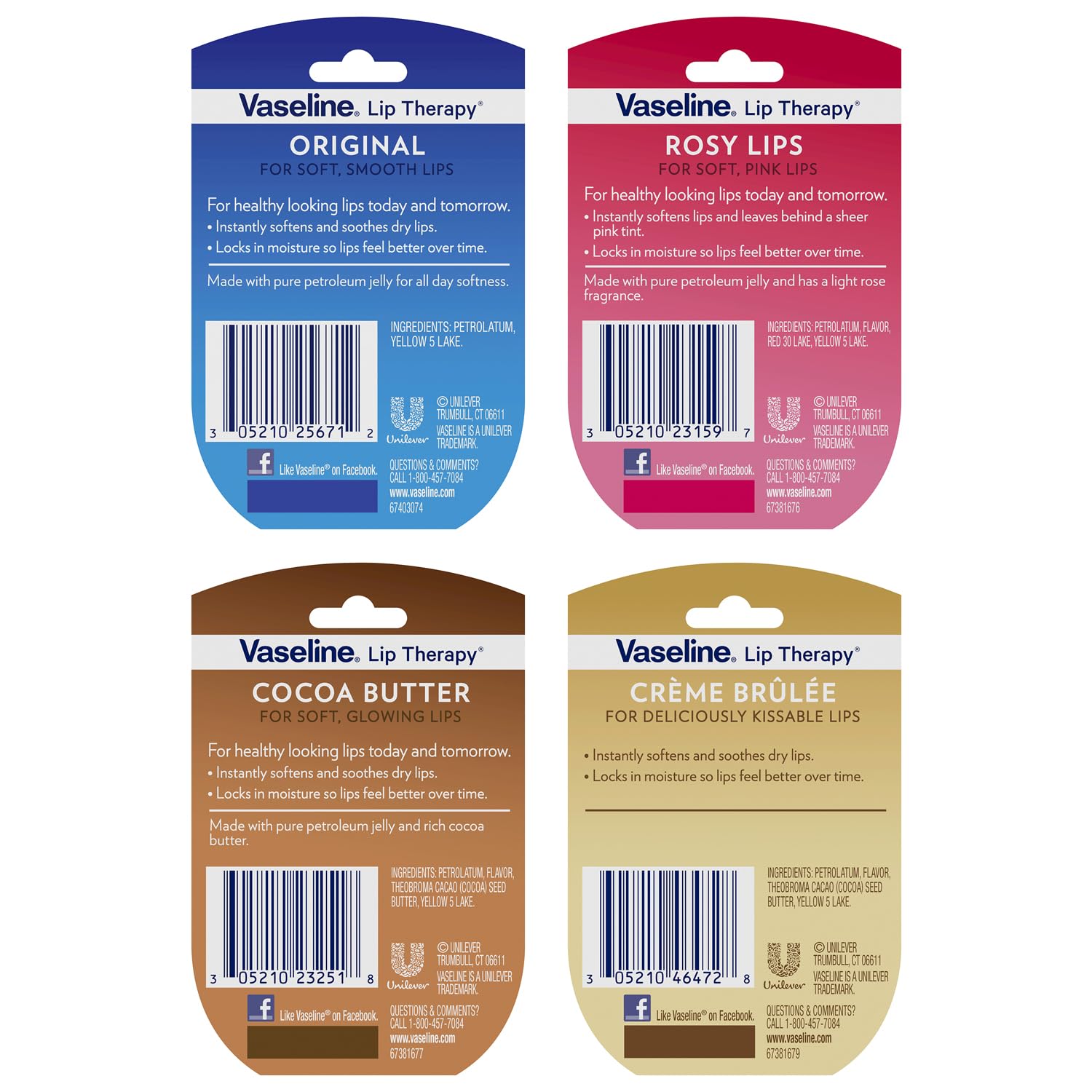 Vaseline Lip Therapy Rosy Lips, Cocoa Butter, Creme Brulee, Original - Vaseline Lip Balm, Tinted and Clear Lip Gloss Set, 2 of Each, 0.25 Oz Ea (8 Piece Set)