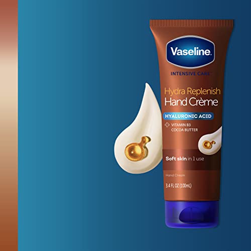 Vaseline Intensive Care Hand Crème Moisturizer for Dry Hands Hydra Replenish Made with hyaluronic acid, vitamin B3, and cocoa butter 3.4 oz 6 Count