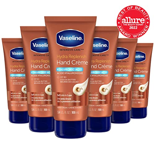 Vaseline Intensive Care Hand Crème Moisturizer for Dry Hands Hydra Replenish Made with hyaluronic acid, vitamin B3, and cocoa butter 3.4 oz 6 Count