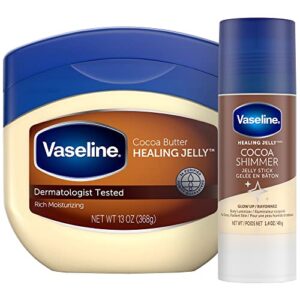 vaseline rich moisturizing healing jelly cocoa butter, 13 oz bundled with cocoa shimmer stick, 1.4 oz. provides radiant and shimmering moisturized skin with pleasant scent