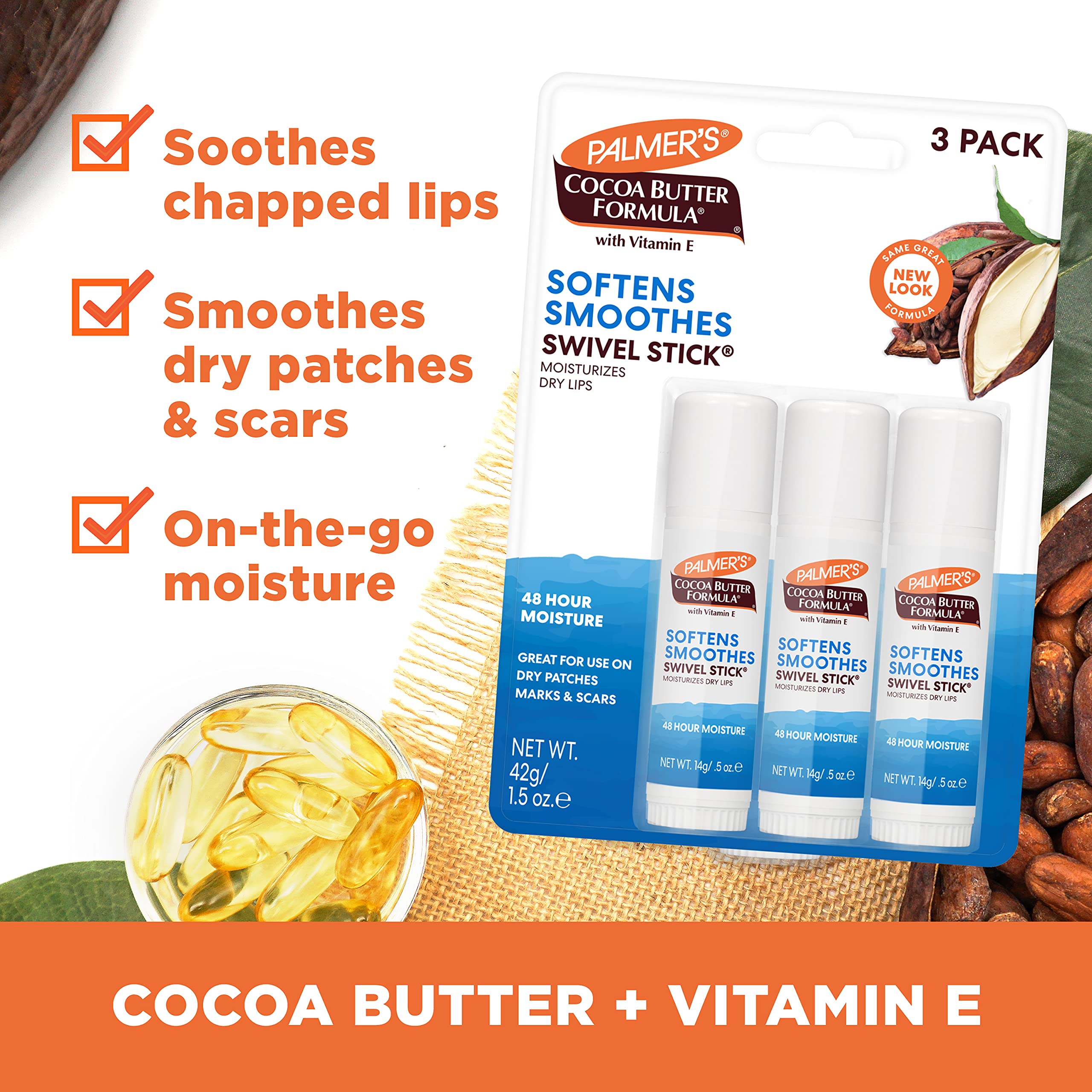 Palmer's Cocoa Butter Formula Moisturizing Swivel Stick with Vitamin E, Lip Balm for Beach Bag, Face & Body Moisturizer Stick, Ideal for Treating Dry Skin Patches (Pack of 3)