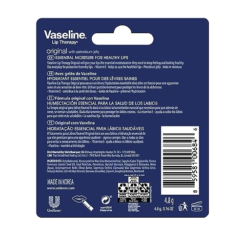 Vaseline Lip Therapy Care Original, Fast-Acting Nourishment, Ideal for Chapped, Dry, Cracked, or Damaged Lips, Lip Balm, 0.16 Ounce (Pack of 4)