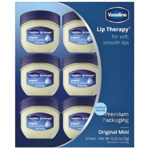 vaseline lip therapy original – mini vaseline lip balm, hydrating petroleum jelly, clear lip gloss, travel-size, 0.25 oz ea (pack of 6)