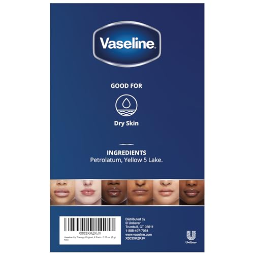 Vaseline Lip Therapy Original – Mini Vaseline Lip Balm, Hydrating Petroleum Jelly, Clear Lip Gloss, Travel-Size, 0.25 Oz Ea (Pack of 6)