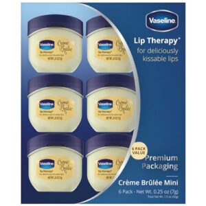 vaseline lip therapy creme brulee mini, white petrolatum, advanced moisturizer, relieves dull and dry skin, mini vaseline petroleum jelly, soft & smooth vaseline lips (pack of 6-0.25 oz ea) 