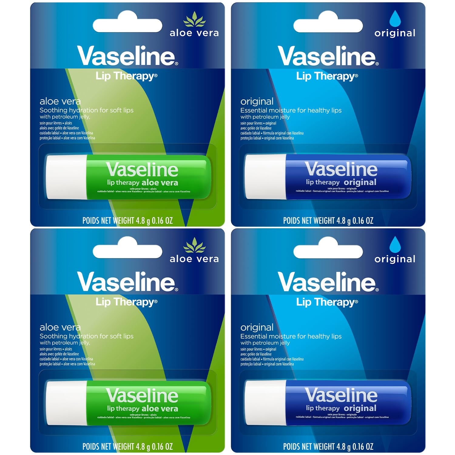 Vaseline Lip Therapy Variety 4-Pack – Original + Aloe Vera Moisturizing Lip Balm with Vitamin E, 0.16 Oz Ea