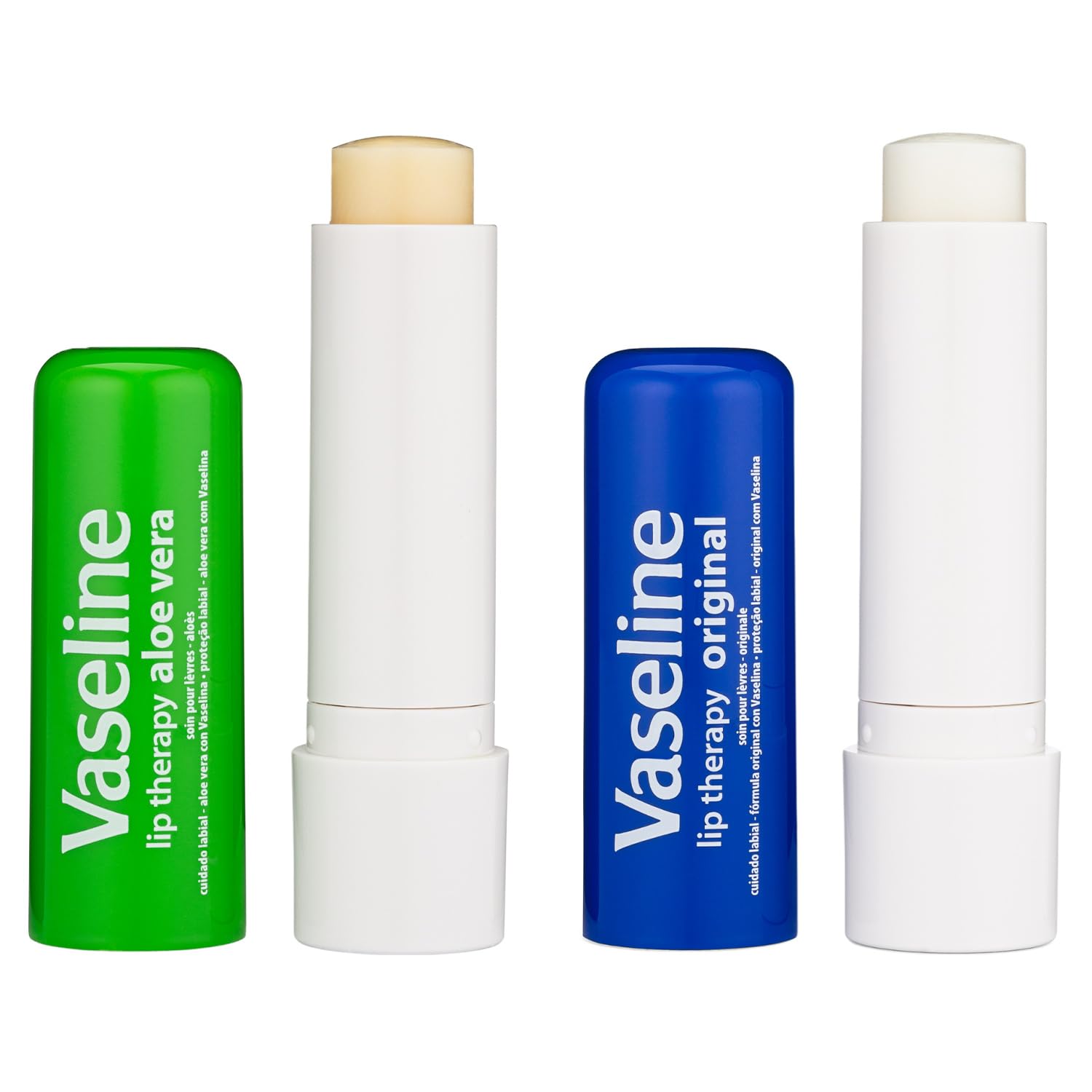 Vaseline Lip Therapy Variety 4-Pack – Original + Aloe Vera Moisturizing Lip Balm with Vitamin E, 0.16 Oz Ea