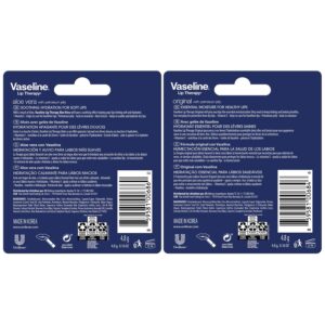 Vaseline Lip Therapy Variety 4-Pack – Original + Aloe Vera Moisturizing Lip Balm with Vitamin E, 0.16 Oz Ea