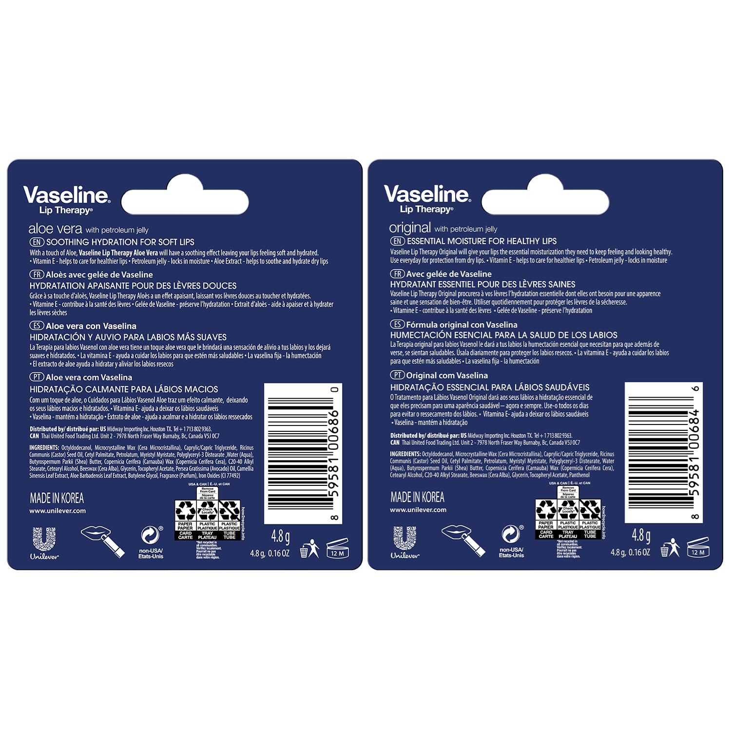 Vaseline Lip Therapy Variety 4-Pack – Original + Aloe Vera Moisturizing Lip Balm with Vitamin E, 0.16 Oz Ea