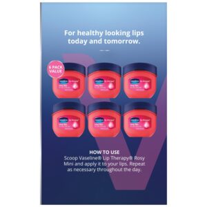 Vaseline Lip Therapy Rosy Lips Mini, Pure Petroleum Jelly, Advanced Moisture, Light Rose Fragrance, Sheer Pink Tint on Lips, Mini Vaseline Petroleum Jelly, Soft Vaseline Lips (Pack of 6-0.25 Oz Ea)