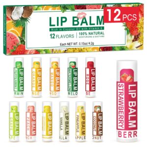 dmsky 12 pack lip balm, natural lip balm bulk with vitamin e and coconut oil, moisturizing lip balm for dry cracked lips, lip balm for stocking stuffers - 12 flavors