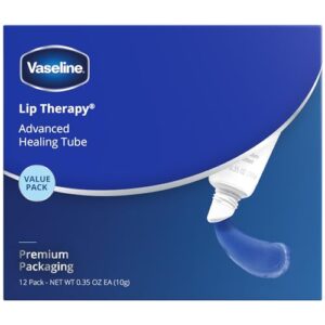 vaseline lip therapy advanced petroleum jelly, skin protectant, travel size .35 oz, pack of 12