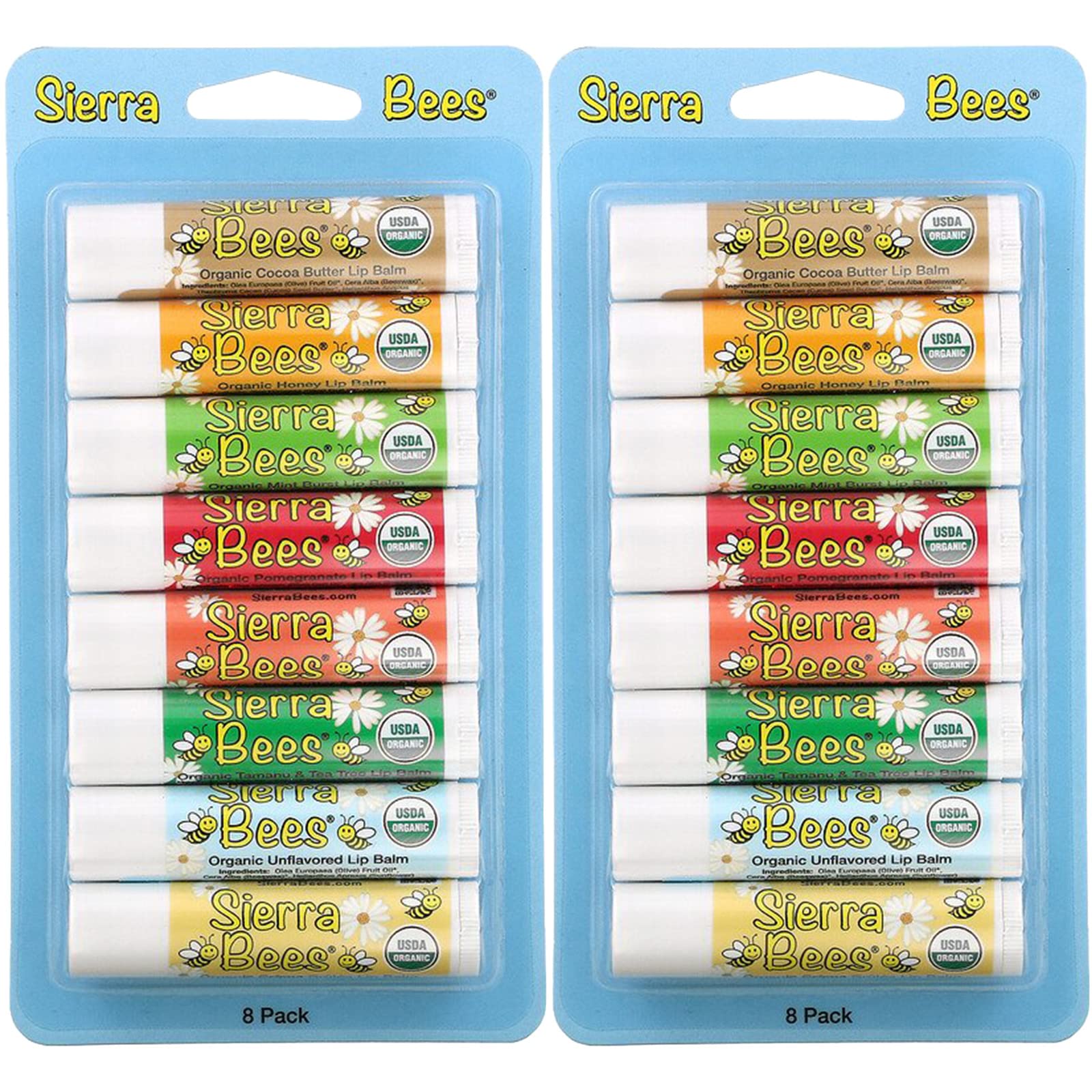 Organic Lip Balm by Sierra Bees - Moisturizing Balm for Chapped Lips - Featuring Sustainably Sourced Beeswax, Olive Oil, Sunflower Oil, & Vitamin E - Variety 8 Pack - Pack of 2