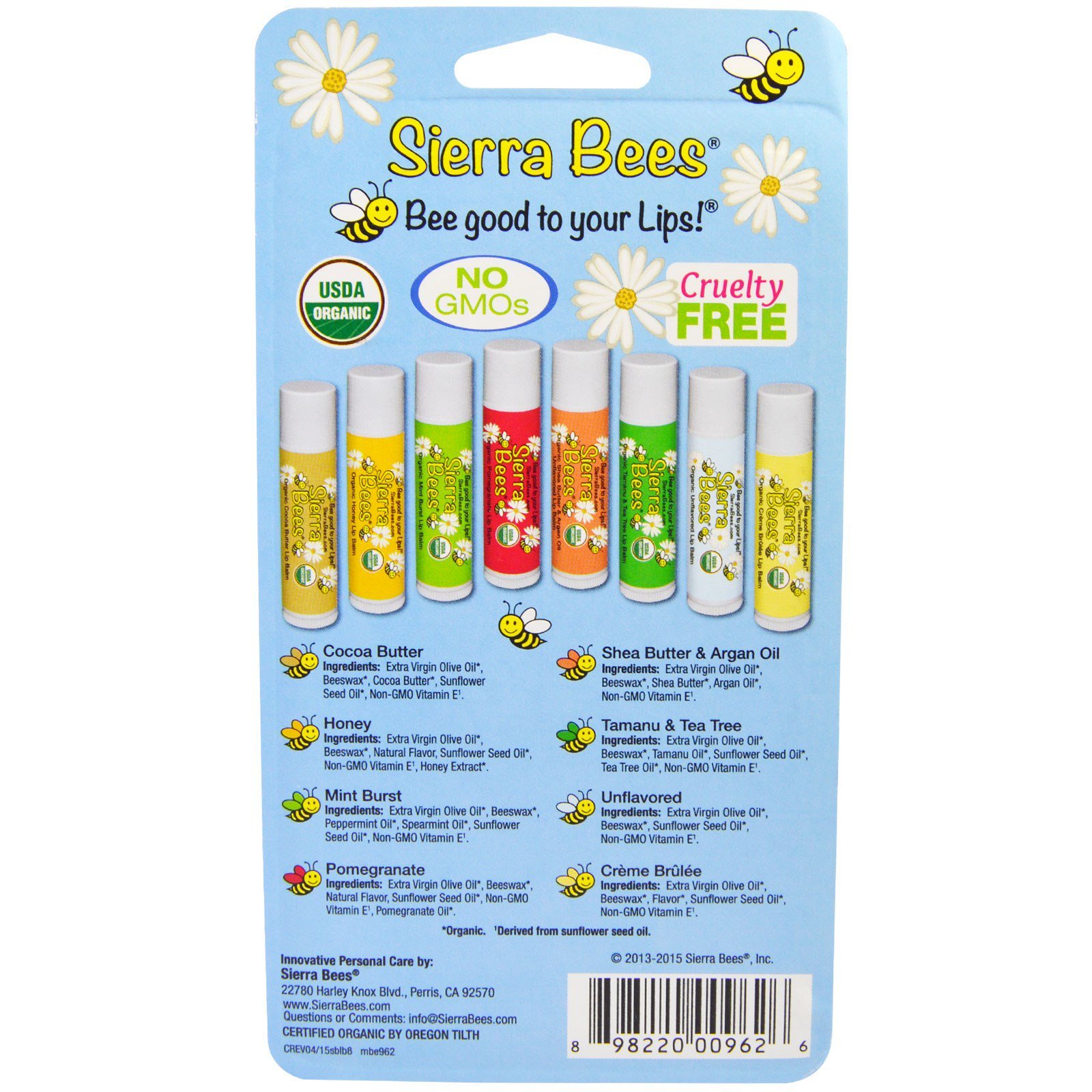 Organic Lip Balm by Sierra Bees - Moisturizing Balm for Chapped Lips - Featuring Sustainably Sourced Beeswax, Olive Oil, Sunflower Oil, & Vitamin E - Variety 8 Pack - Pack of 2