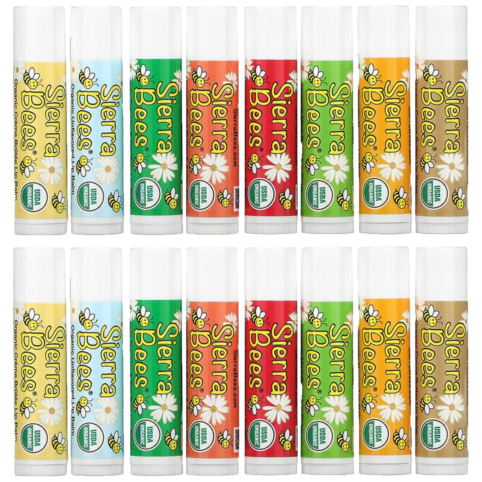 Organic Lip Balm by Sierra Bees - Moisturizing Balm for Chapped Lips - Featuring Sustainably Sourced Beeswax, Olive Oil, Sunflower Oil, & Vitamin E - Variety 8 Pack - Pack of 2