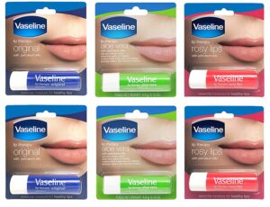 vaseline lip therapy stick with petroleum jelly gift set includes original, rosy lips and aloe, 6 count