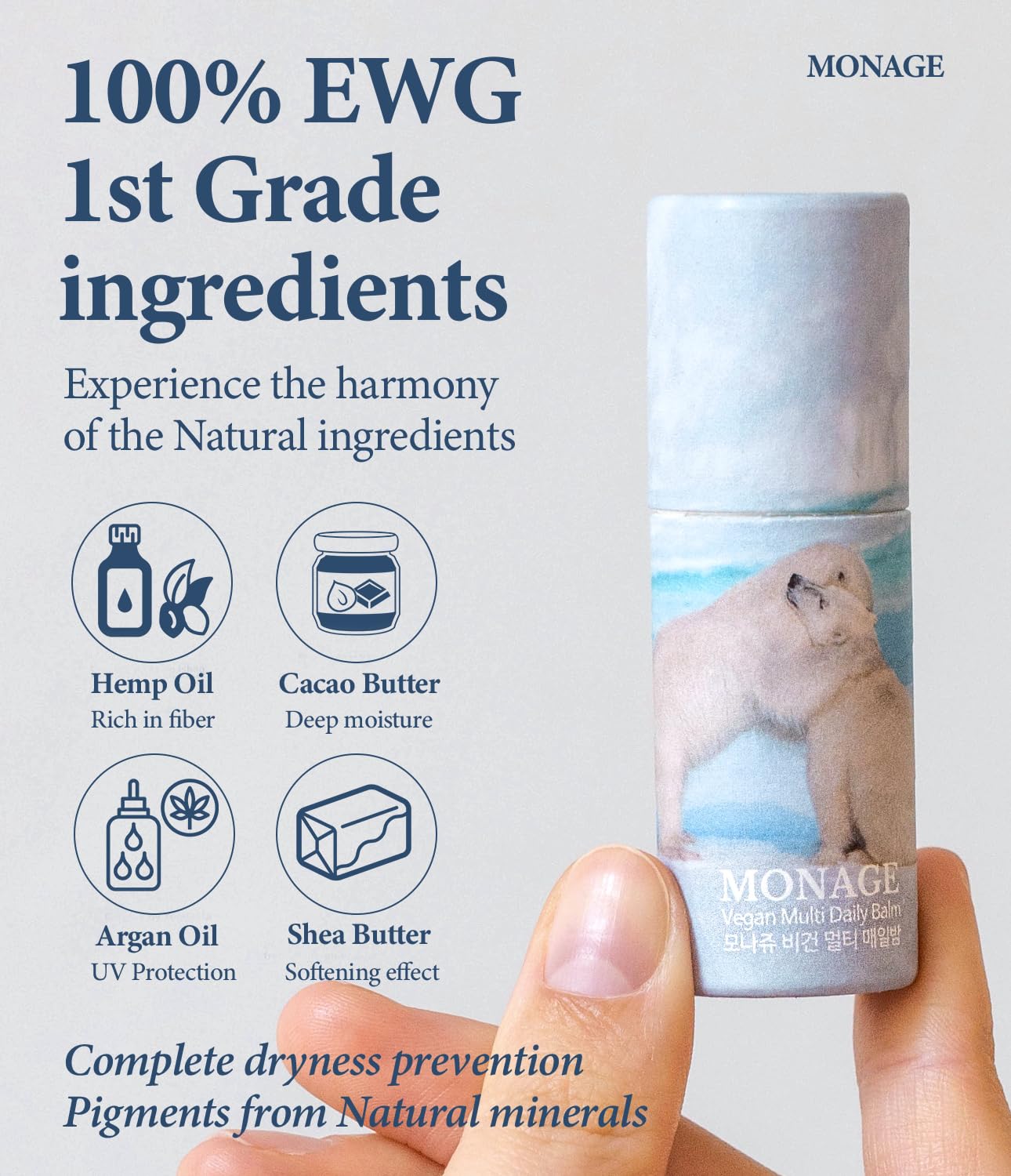 MONAGE Korea Vegan & Nourishing & Moisturizing Lip Care Made from 100% Natural Ingredients, Organic Moisturizer for Dry, Cracked Lips & Skin, Everyday Lip Balm, Daily, 0.38 Ounce