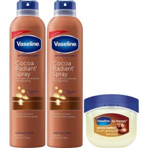 vaseline cocoa radiant lotion set + mini vaseline lip therapy, cocoa butter lotion spray moisturizer, vaseline intensive care lotion, vaseline lip balm (3 piece set)