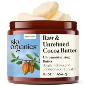 Sky Organics Cocoa Butter for Body, 100% Raw & Unrefined Ultra-Moisturizing Butter to Deeply Hydrate & Condition Skin, Promotes Smooth Skin Tone & Texture, Suitable for Tight or Extra Dry Skin, 16 Oz.