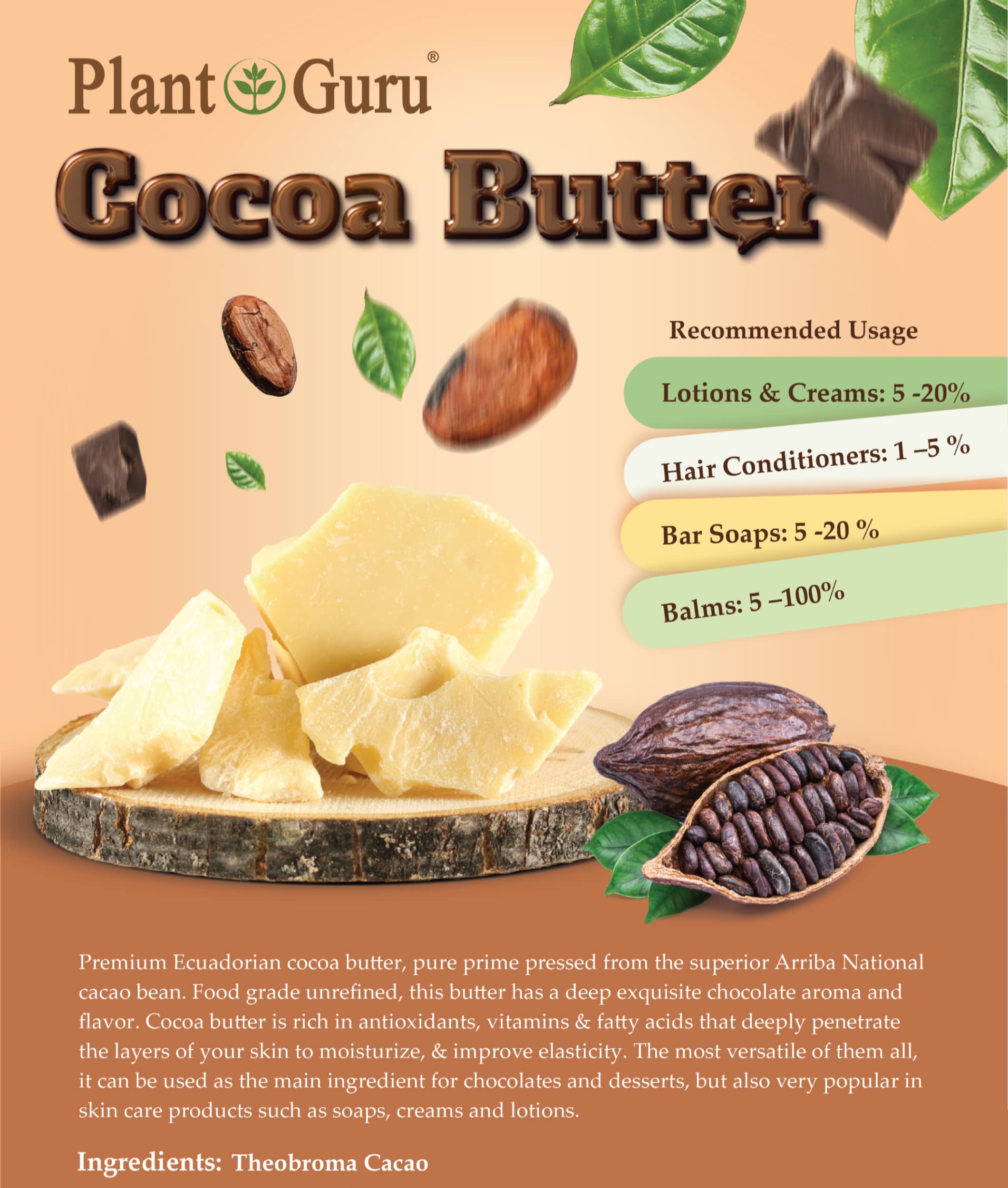 Raw Cocoa Butter 8 oz. 100% Pure Natural Unrefined FOOD GRADE Arriba Nacional Cacao Bean, Great For Chocolate Making, Soap, Lip Balm and Moisturizer For DIY Body Butters