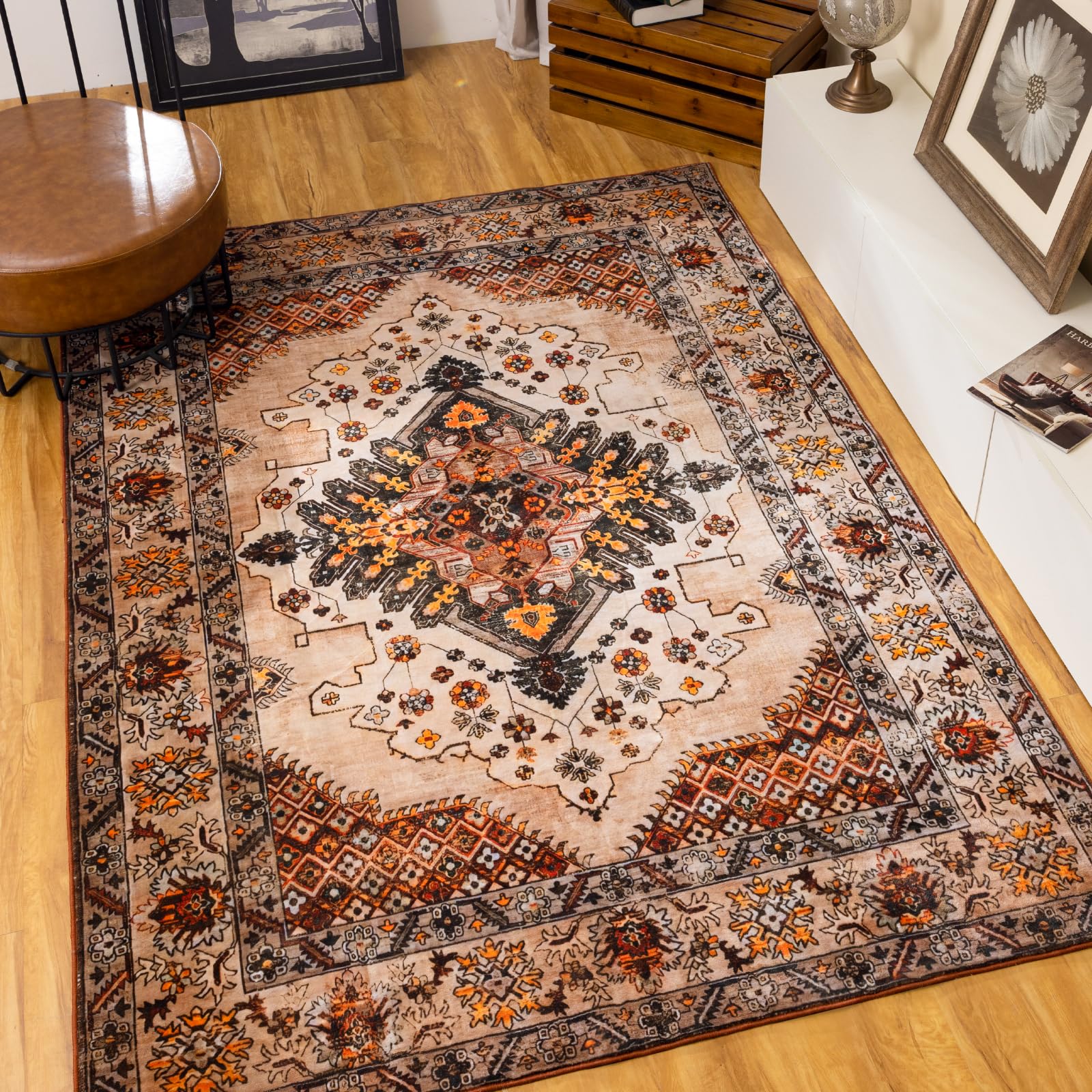 Area Rugs 5x7 for Living Room - Washable Boho Bedroom Rug Vintage Stain Resistant Non-Slip Rug with Rubber Backing - Oriental Persian Lrge Brown Indoor Floor Carpet for Dining Room Office，Brown