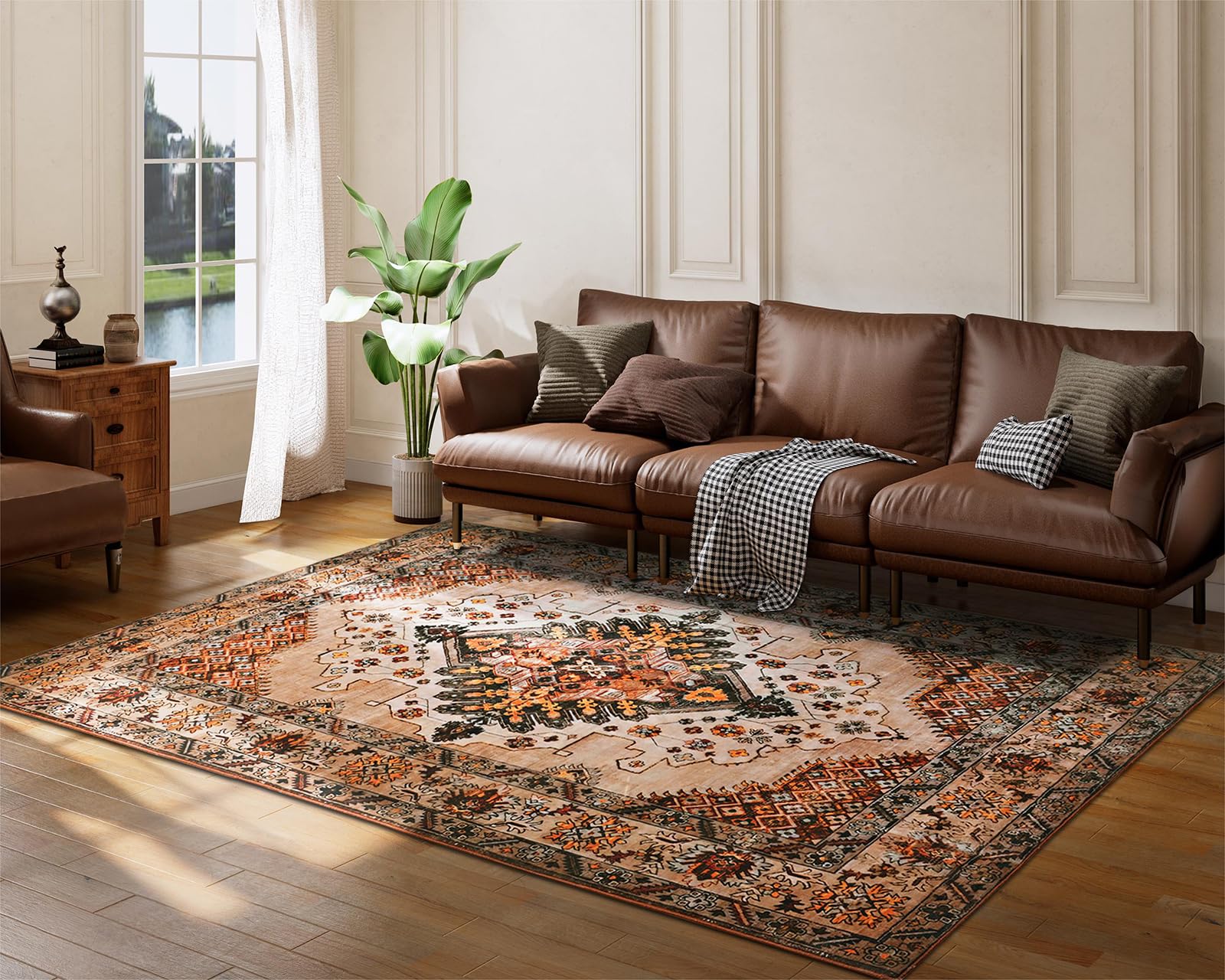 Area Rugs 5x7 for Living Room - Washable Boho Bedroom Rug Vintage Stain Resistant Non-Slip Rug with Rubber Backing - Oriental Persian Lrge Brown Indoor Floor Carpet for Dining Room Office，Brown