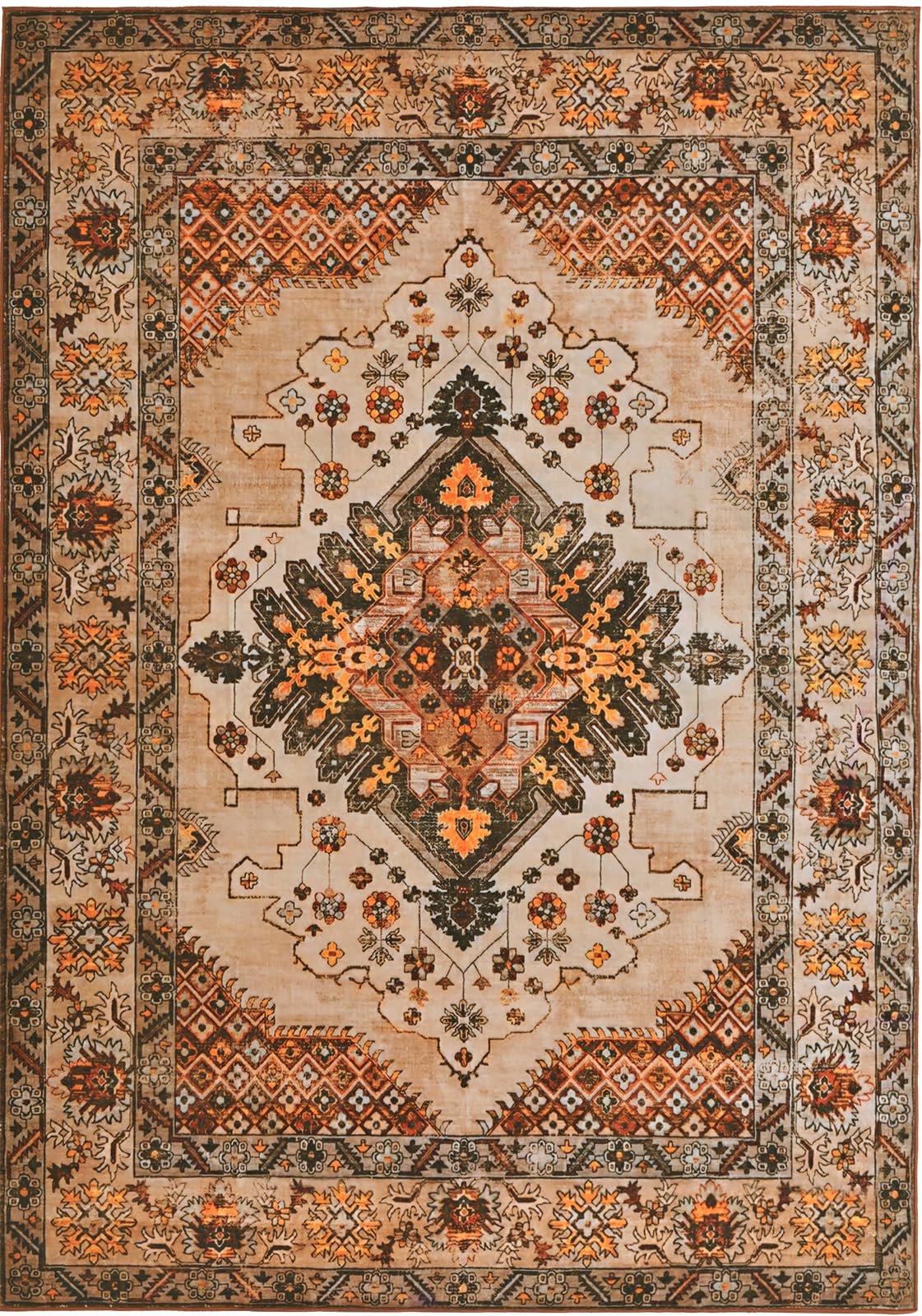 Area Rugs 5x7 for Living Room - Washable Boho Bedroom Rug Vintage Stain Resistant Non-Slip Rug with Rubber Backing - Oriental Persian Lrge Brown Indoor Floor Carpet for Dining Room Office，Brown