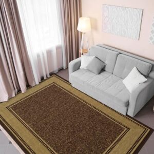 Machine Washable Bordered Design Non-Slip Rubberback 5x7 Traditional Area Rug for Living Room, Bedroom, Kitchen, Dining Room, 5' x 6'6", Brown