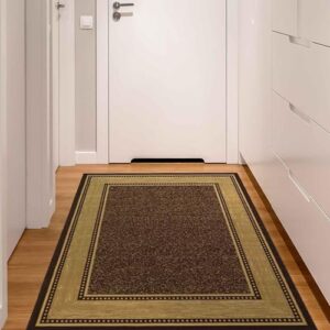 Machine Washable Bordered Design Non-Slip Rubberback 5x7 Traditional Area Rug for Living Room, Bedroom, Kitchen, Dining Room, 5' x 6'6", Brown