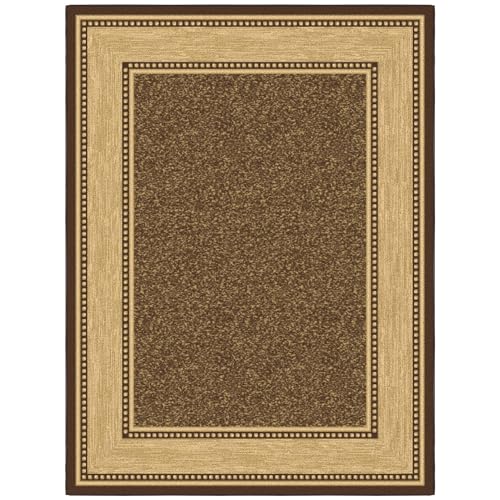 Machine Washable Bordered Design Non-Slip Rubberback 5x7 Traditional Area Rug for Living Room, Bedroom, Kitchen, Dining Room, 5' x 6'6", Brown