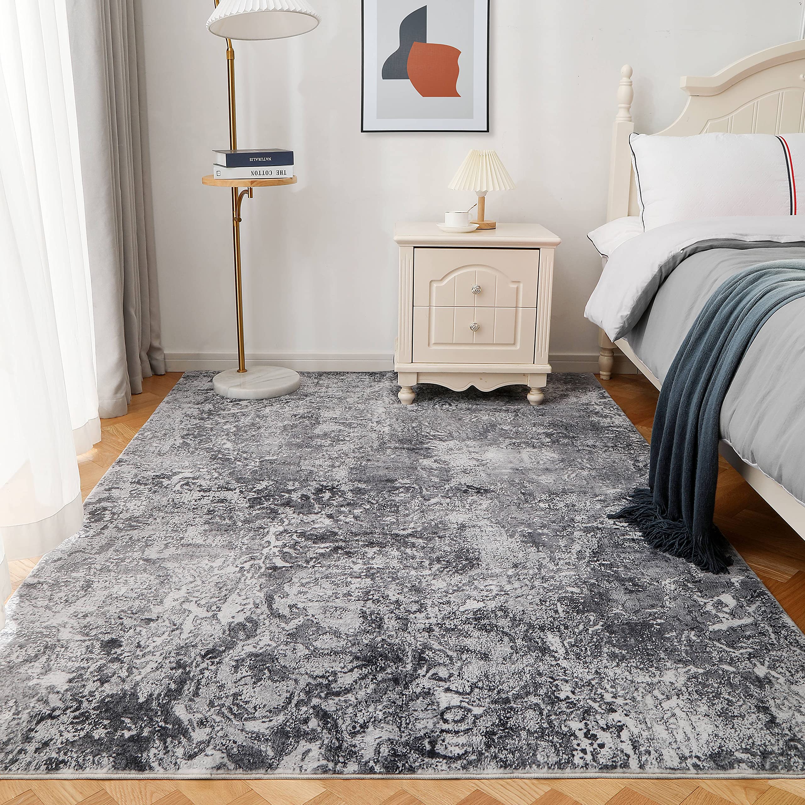 Area Rug Living Room Rugs: 5x7 Indoor Abstract Soft Fluffy Pile Large Carpet with Low Shaggy for Bedroom Dining Room Home Office Decor Under Kitchen Table Washable - Retro Gray