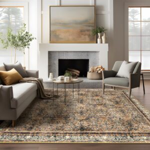 phantoscope vintage collection area rug 5'x7' for living room - washable rug large boho carpet non-slip for bedroom dining room, indoor low-pile neutral distressed accent rug, dark brown/orange spice