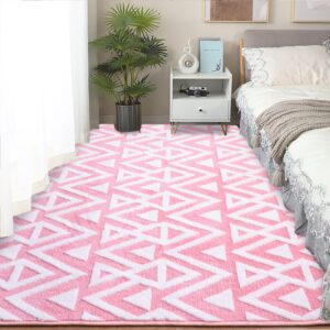 Ompaa Ultra Soft Shaggy Rugs Memory Foam Bedroom Carpet, Pink 3 x 5 Feet, Plush Geometric Textured Area Rugs for Living Room Couch Dorm Bedside Kids Girls Teens Room Nursery Decor Floor Mat