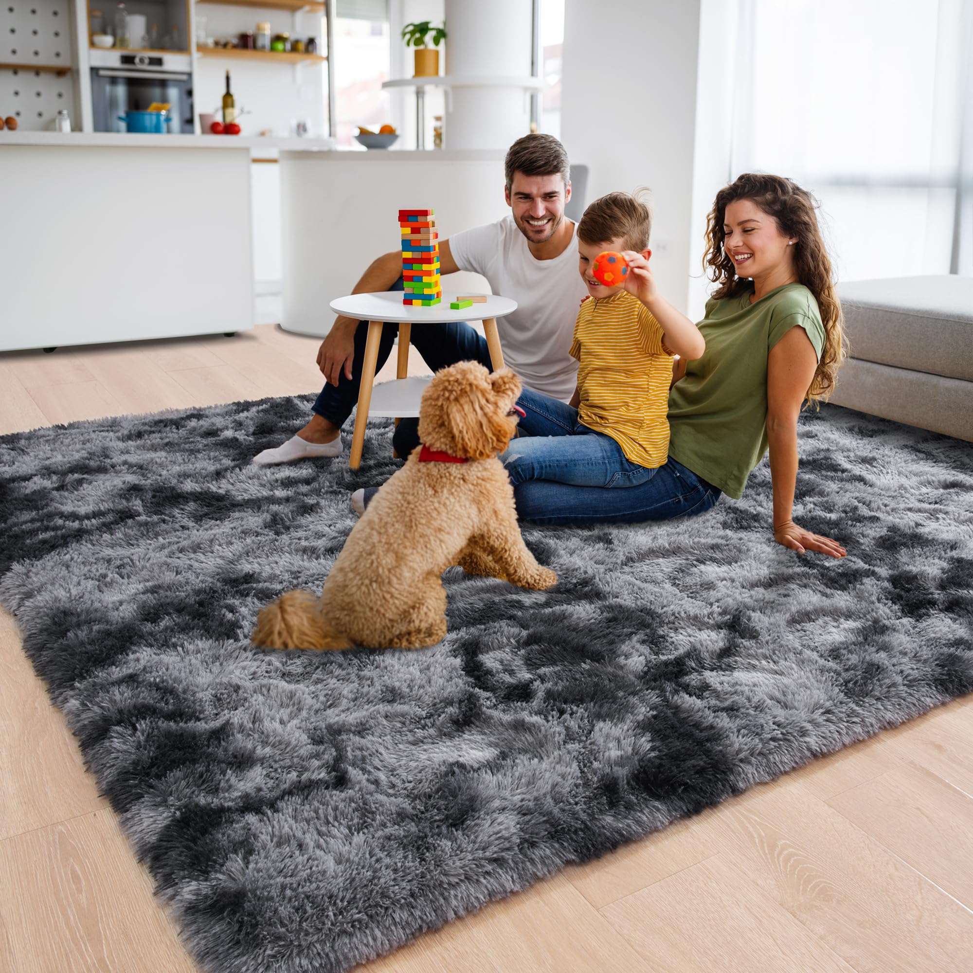 Beglad Shag Rugs for Living Room, Area Rugs 5x7 Feet Upgrade Anti-Skid Modern Minimalist Style Memory Foam Rugs for Bedroom, Indoor Carpet Suitable for Boys Room Decor, Tie-Dyed Dark Grey