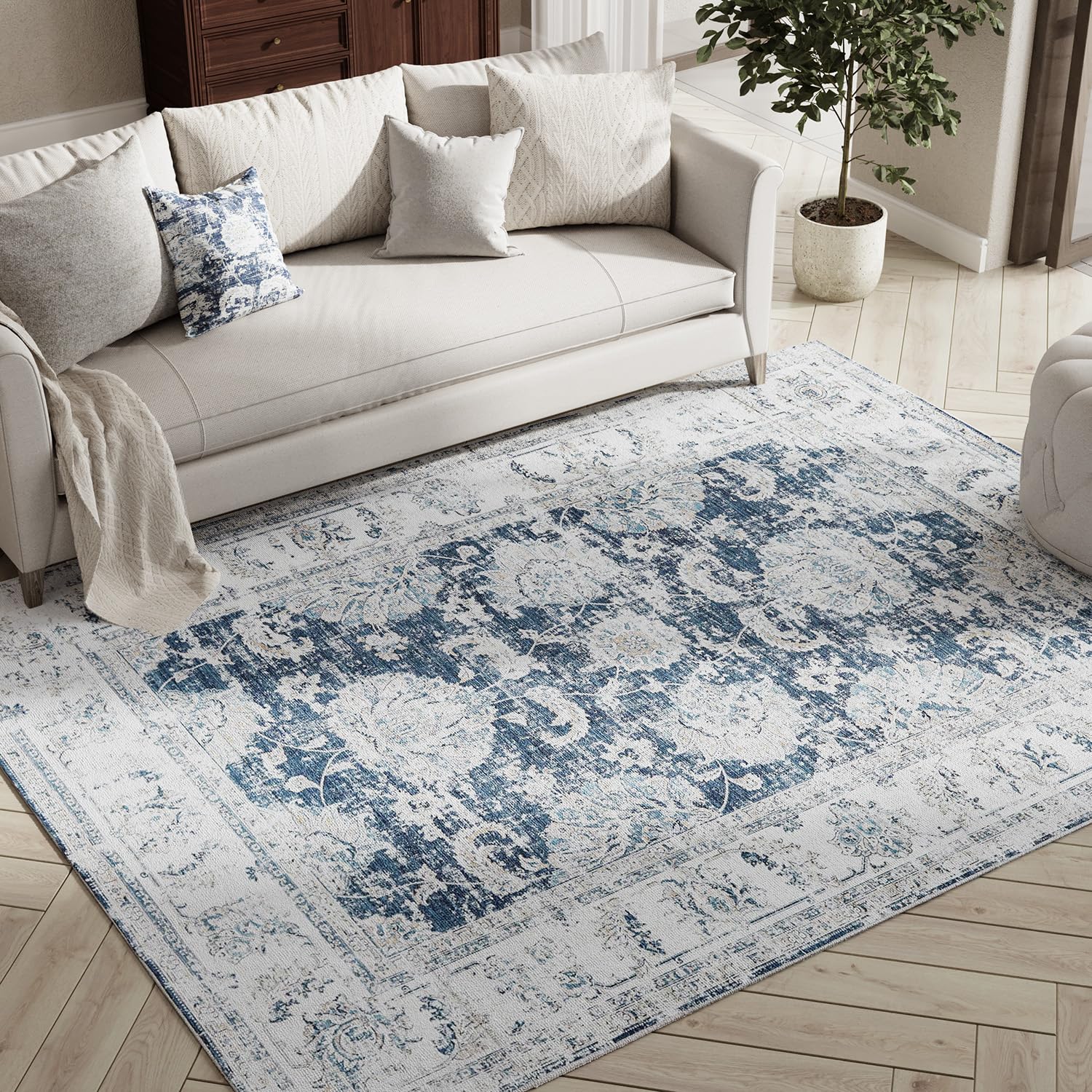 jinchan Washable Area Rug 5x7 Low Pile - Bedroom Rug Indoor Dark Blue Floral Print Stain Resistant - Boho Carpet Distressed Vintage Ultra-Thin Non-Slip Rug Accent Rug Living Room Dining Room Kitchen