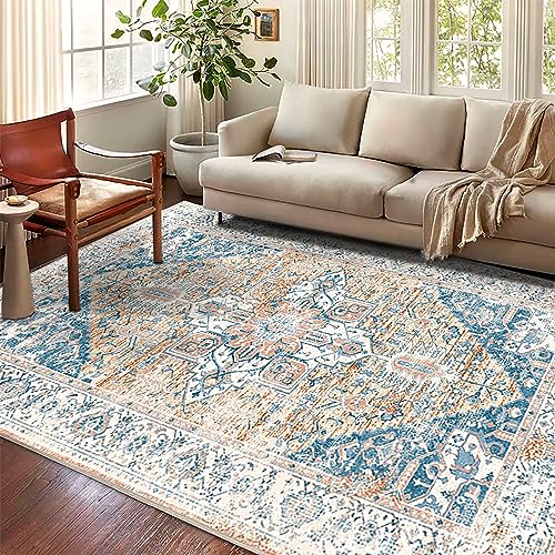 CHAMPLANT Washable Area Rug 5x7 for Living Room Retro Boho Chic Medallion Distressed Design Indoor Non-Slip Large Persian Oriental Accent Throw Rug for Kitchen Bedroom Office Carpet