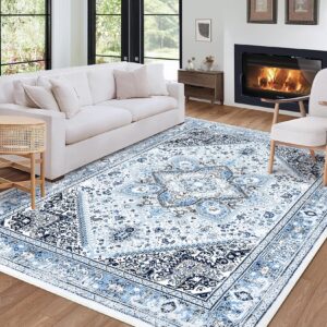 rugsreal bohemian floral medallion area rug 5x7 oriental blue large bedroom rug, soft non-slip washable dining room mat indoor nursery floor carpet for guest room entryway, 5x7 blue