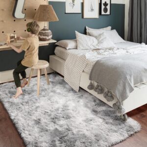 Amdrebio Tie-dyed Light Grey Area Rug for Bedroom, Soft Shag Furry Rug 5x7 for Living Room, Fluffy Fuzzy Rugs for Kids Room Decor, Modern Shaggy Carpet for Classroom Office, Plush Indoor Rug