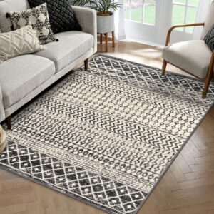 Nailttos Moroccan Large Area Rug 5x7, Washable Non-Slip Black Distressed Tribal Living Room Rug, Soft Low-Pile Dining Room Rug Traditional Farmhouse Carpet for Bedroom Dorm Office Home Decor