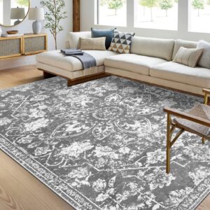 Pauwer Area Rug 5x7 Rug, Distressed Low Pile Non-Slip Non-Shedding Floral Print Large Accent Rug, Washable Carpet Indoor Mat for Living Room Bedroom Dining Room